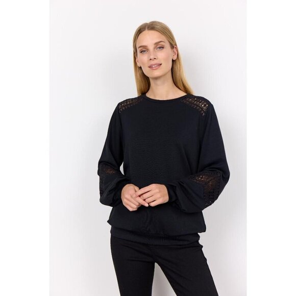NWT SOYA CONCEPT BANU BLACK CROCHET CREWNECK SWEATER - Picture 1 of 5